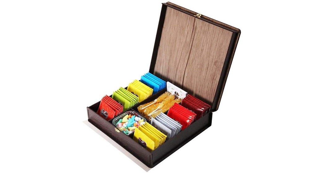 جعبه پذیرایی و هدیه چای و دمنوش گلبرگ زرین مدل TEA BOX بسته 48 عددی همراه با نبات و جعبه شکلات