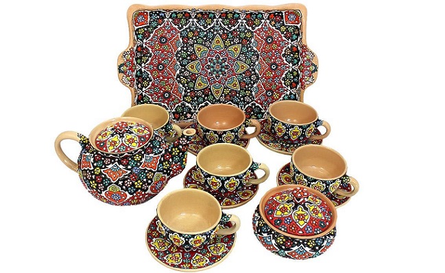 چایخوری سفالی دست نگار طرح میناکاری کد 114-06 مجموعه 9 عددی
