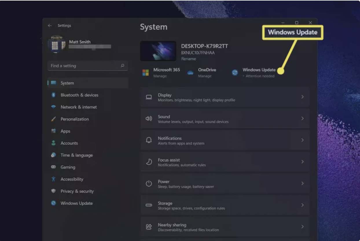 گزینهی Windows Update