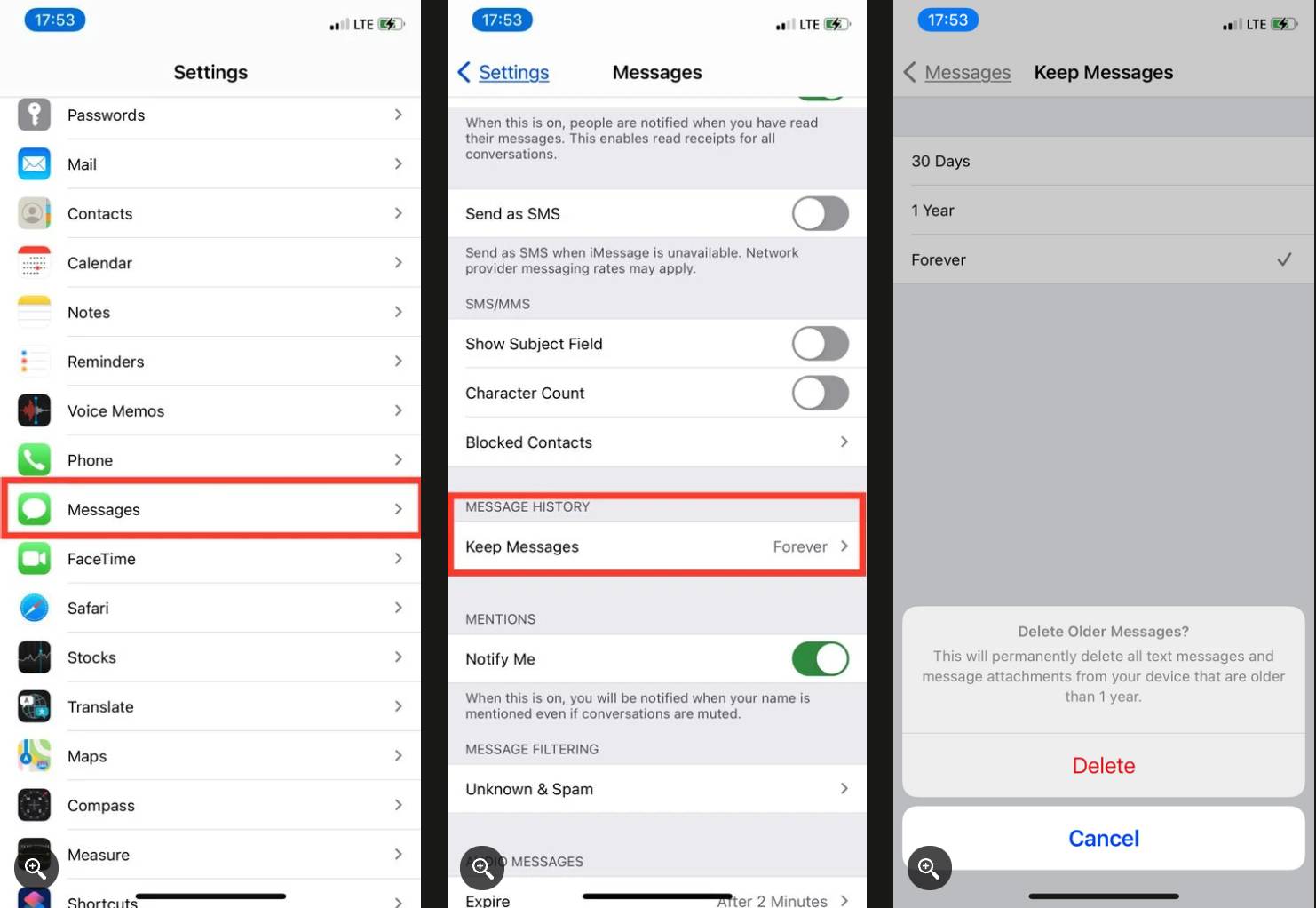 3. داده‌های قدیمی iMessage و Mail را پاک کنید